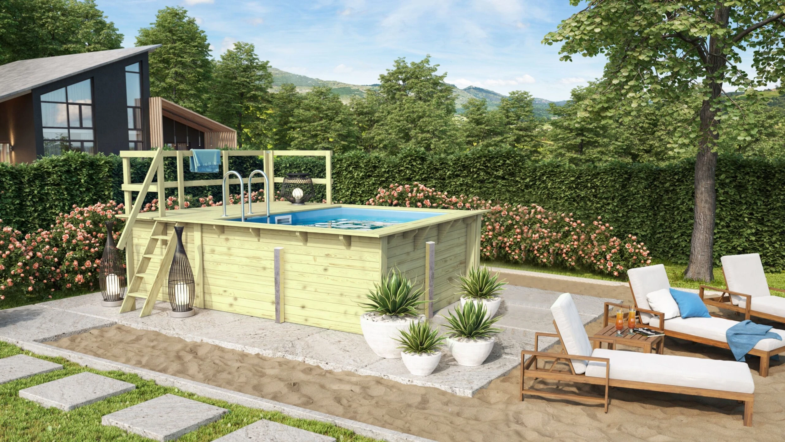 Karibu | Rechteckiger Massivholz Pool 308,7 X 276,5 Cm | Set Mit 1 Sonnenterrasse Inkl. Holzpool 1 Karibu | Rechteckiger Massivholz Pool 308,7 X 276,5 Cm | Set Mit 1 Sonnenterrasse Inkl. Holzpool