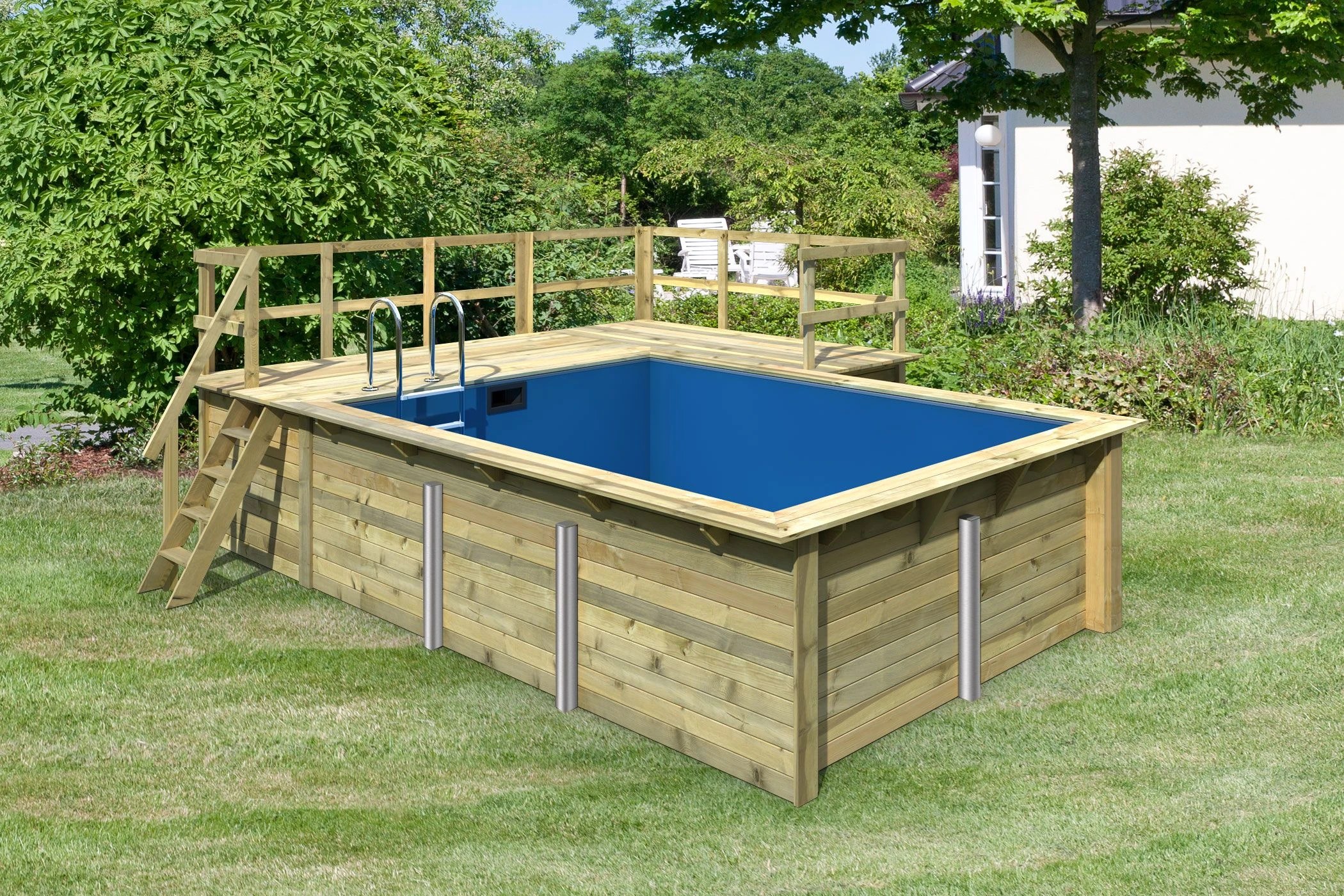 Karibu | Rechteckiger Massivholz Pool 308,7 X 396 Cm | Set Mit 2 Sonnenterrassen Inkl. Holzpool 1 Karibu | Rechteckiger Massivholz Pool 308,7 X 396 Cm | Set Mit 2 Sonnenterrassen Inkl. Holzpool