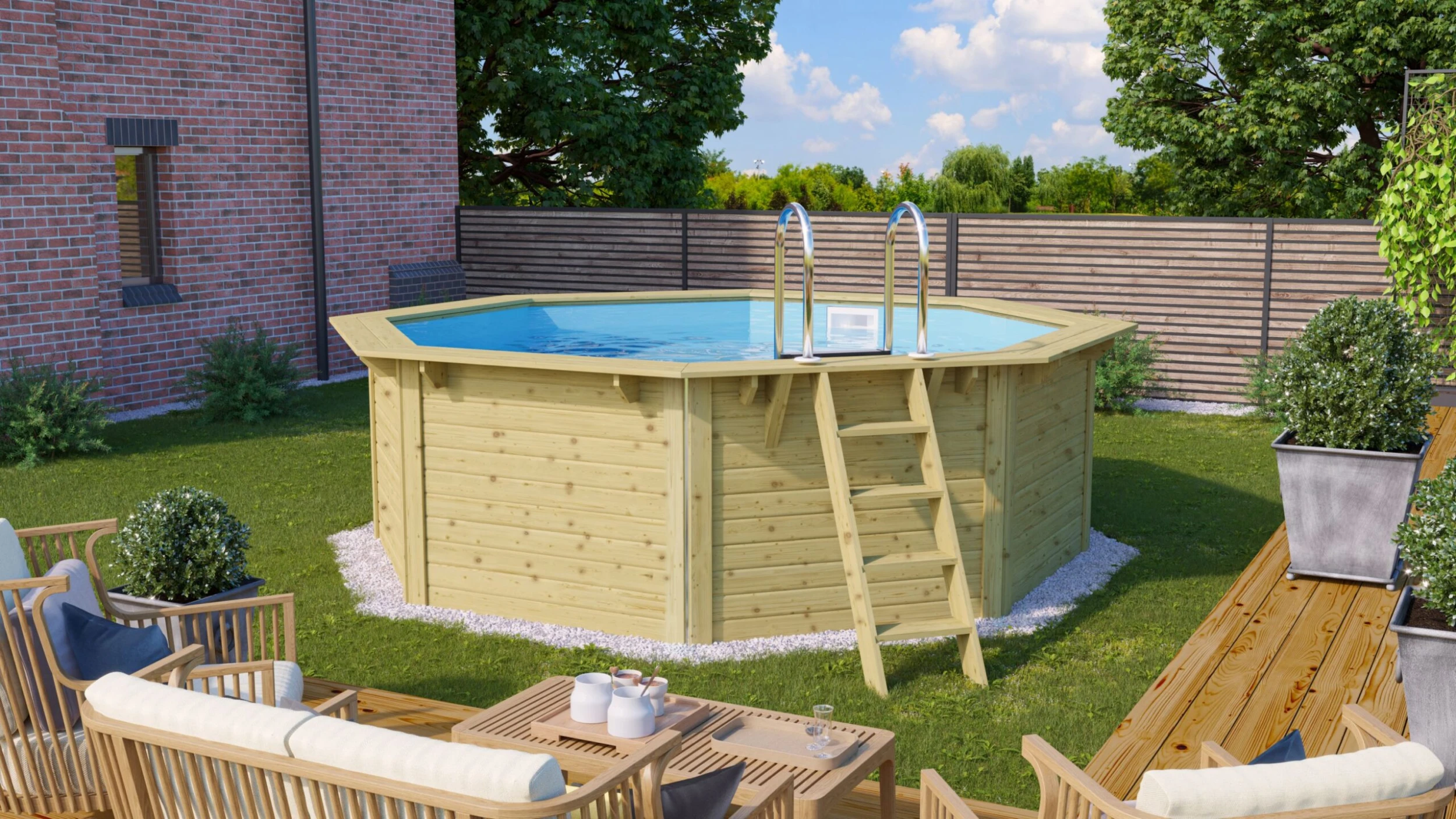 Karibu Massivholz (kdi) Pool "Netto 1" SET Mit Innenhülle Blau, Skimmer & Leiter 1 Karibu Massivholz (kdi) Pool "Netto 1" SET Mit Innenhülle Blau, Skimmer & Leiter