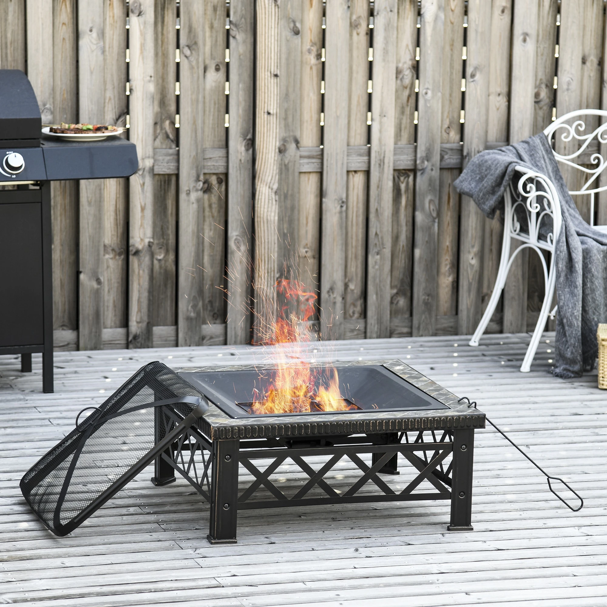 Outsunny 3-in-1 Feuerschale Mit Grillrost Schwarz 76 X 76 X 47 Cm (BxTxH) | Feuerschale Mit Funkenschutz Feuerstelle Schale 4 Outsunny 3-in-1 Feuerschale Mit Grillrost Schwarz 76 X 76 X 47 Cm (BxTxH) | Feuerschale Mit Funkenschutz Feuerstelle Schale – Bild 4