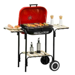 Alternative view of Outsunny Grillwagen Mit 3 Ablagen Schwarz, Rot 98 X 49 X 81 Cm (LxBxH) | Kohlegrill BBQ Grillwagen Holzkohlegrill Gartengrill