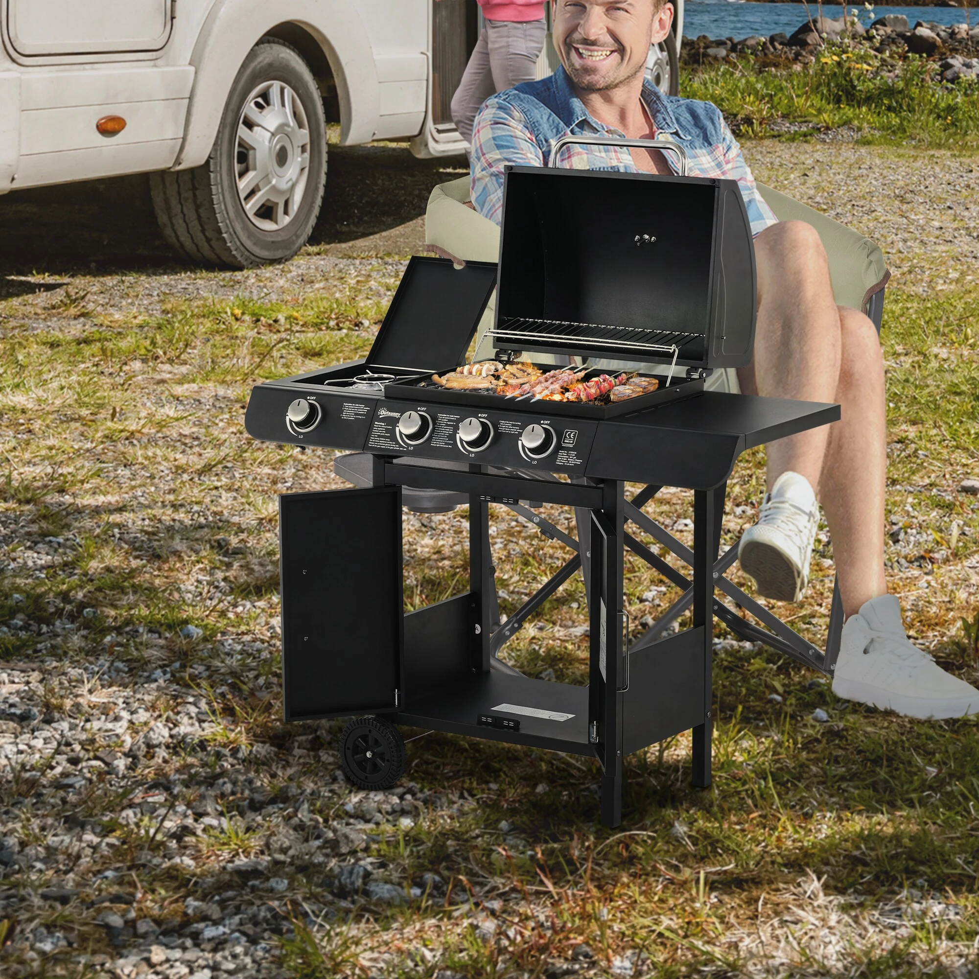 Outsunny Gasgrill Mit Räder Schwarz 110L X 50B X 100H Cm | Tischgrill Barbecue Grill Bbq Grill 3 Outsunny Gasgrill Mit Räder Schwarz 110L X 50B X 100H Cm | Tischgrill Barbecue Grill Bbq Grill – Bild 3