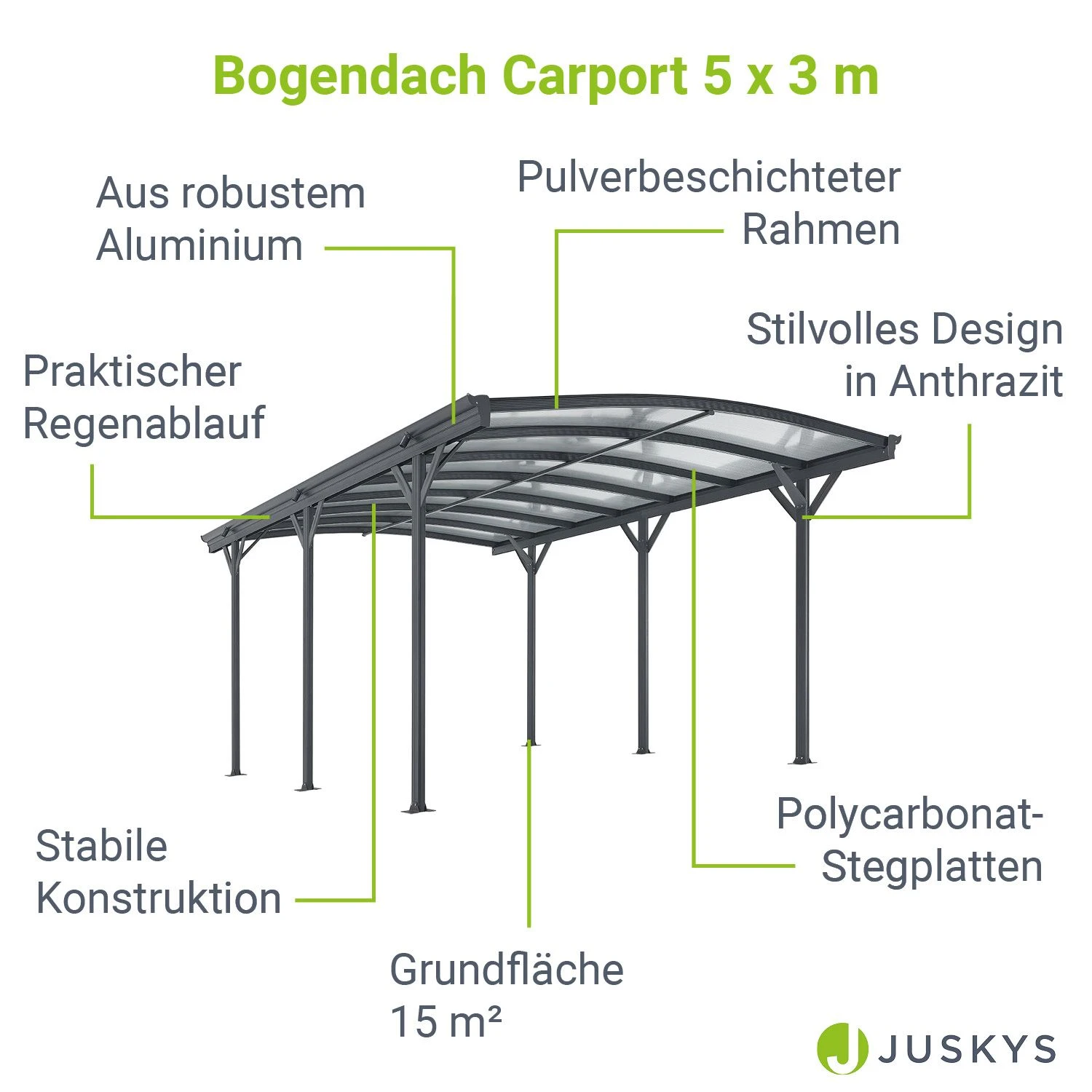 Juskys Carport Mit Bogendach 5x3 M – Freistehende Überdachung Aus Aluminium Mit Doppelstegplatten 3 Juskys Carport Mit Bogendach 5x3 M – Freistehende Überdachung Aus Aluminium Mit Doppelstegplatten – Bild 3