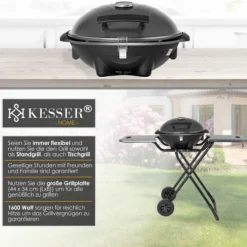 KESSER® Elektrischer Elektrogrill 2in1 Tischgrill - Standgrill Mit Deckel Und Standfuß | Max. 2400 Watt | Faltbar | Thermometer | Antihaftbeschichtung | Grillplatte Abstelltische | 2 Räder | -Buschbeck Geschäft 8600364700 20109 prod 006 scaled