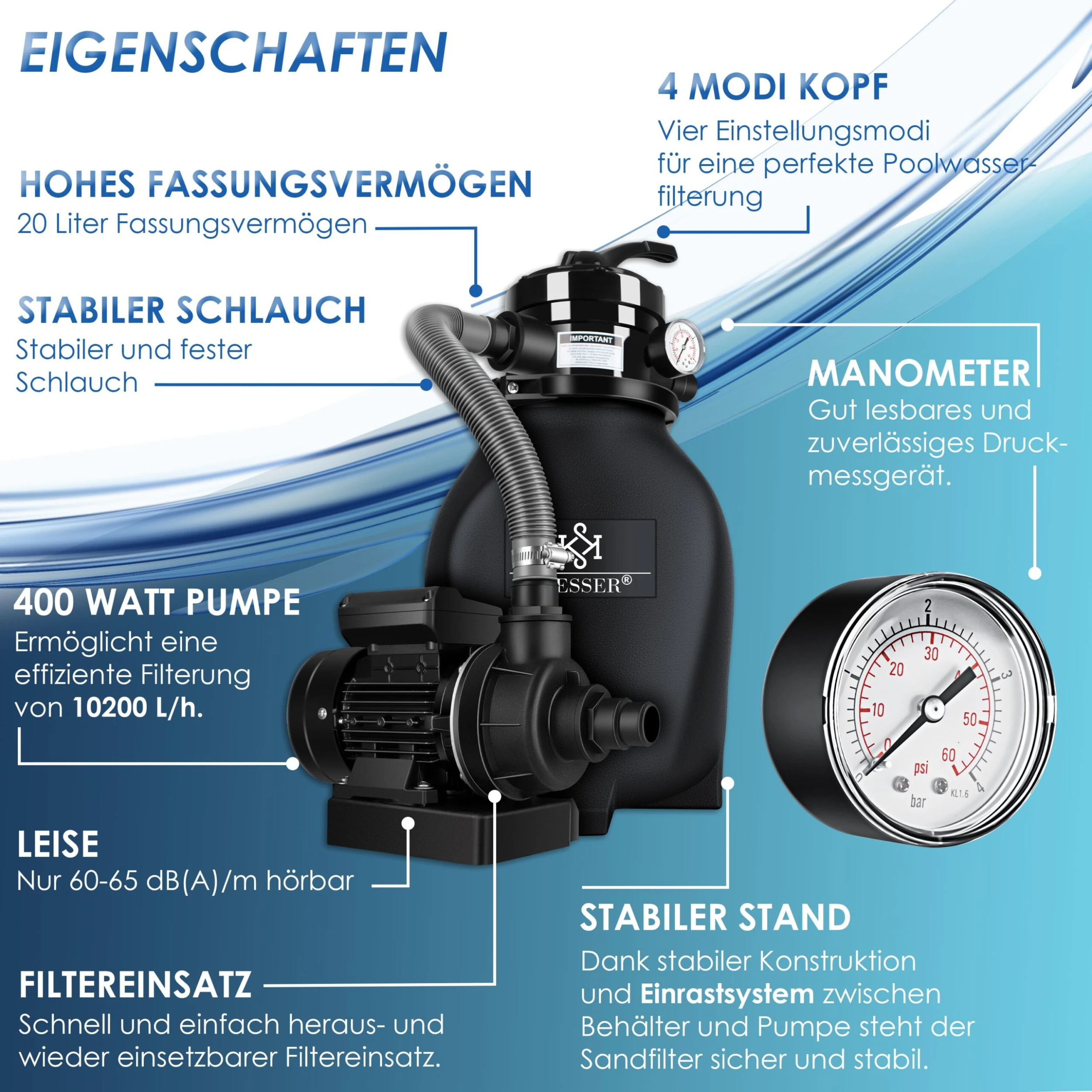 KESSER® Sandfilter Sandfilteranlage + 700g Filterbälle Ersetzen 25kg Filtersand- Poolfilter 10 M³/h Filteranlage Filterkessel Für Pool Schwimmbecken 4-Wege Ventil , Einfache Steuerung 2 KESSER® Sandfilter Sandfilteranlage + 700g Filterbälle Ersetzen 25kg Filtersand- Poolfilter 10 M³/h Filteranlage Filterkessel Für Pool Schwimmbecken 4-Wege Ventil , Einfache Steuerung – Bild 2
