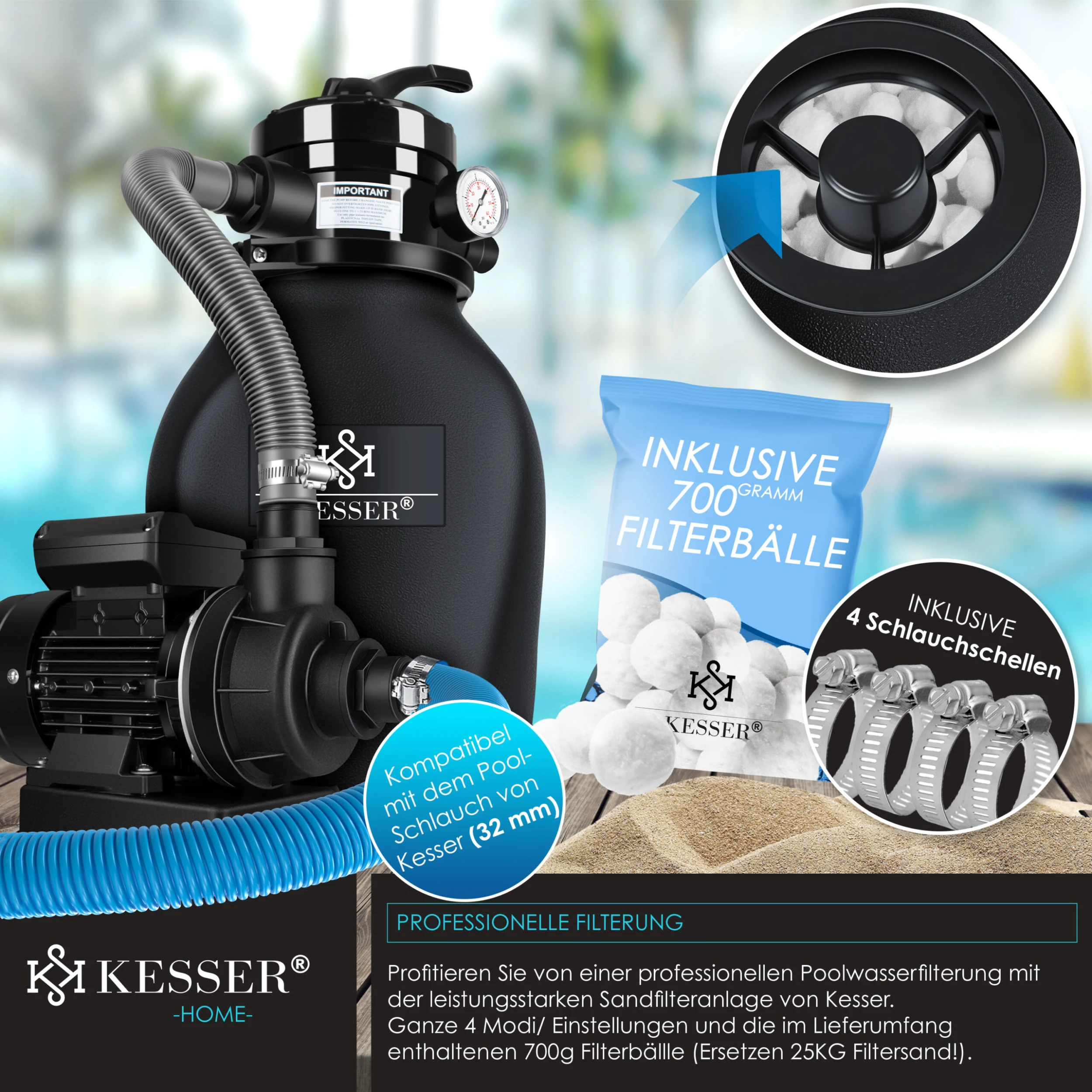 KESSER® Sandfilter Sandfilteranlage + 700g Filterbälle Ersetzen 25kg Filtersand- Poolfilter 10 M³/h Filteranlage Filterkessel Für Pool Schwimmbecken 4-Wege Ventil , Einfache Steuerung 6 KESSER® Sandfilter Sandfilteranlage + 700g Filterbälle Ersetzen 25kg Filtersand- Poolfilter 10 M³/h Filteranlage Filterkessel Für Pool Schwimmbecken 4-Wege Ventil , Einfache Steuerung – Bild 6