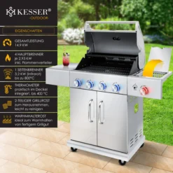 KESSER® Gasgrill Master BBQ Mit 800°C Infrarot & Grill-Thermometer, LED-Beleuchtung , Keramik 4+1 Brenner Aus Edelstahl XXL Grillwagen Grill, Seitenkocher, 5-11 KG Gasflasche Piezozündung -Buschbeck Geschäft 8600364700 22232 prod 003 scaled