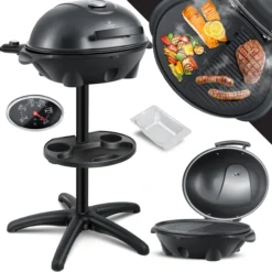 KESSER® Elektrischer Elektrogrill 2in1 Tischgrill - Standgrill Mit Deckel Standfuß | Max. 2400 Watt Thermometer | Antihaftbeschichtung | XXL Grillplatte | Integrierte Ablagefläche Elektro-Säulengrill