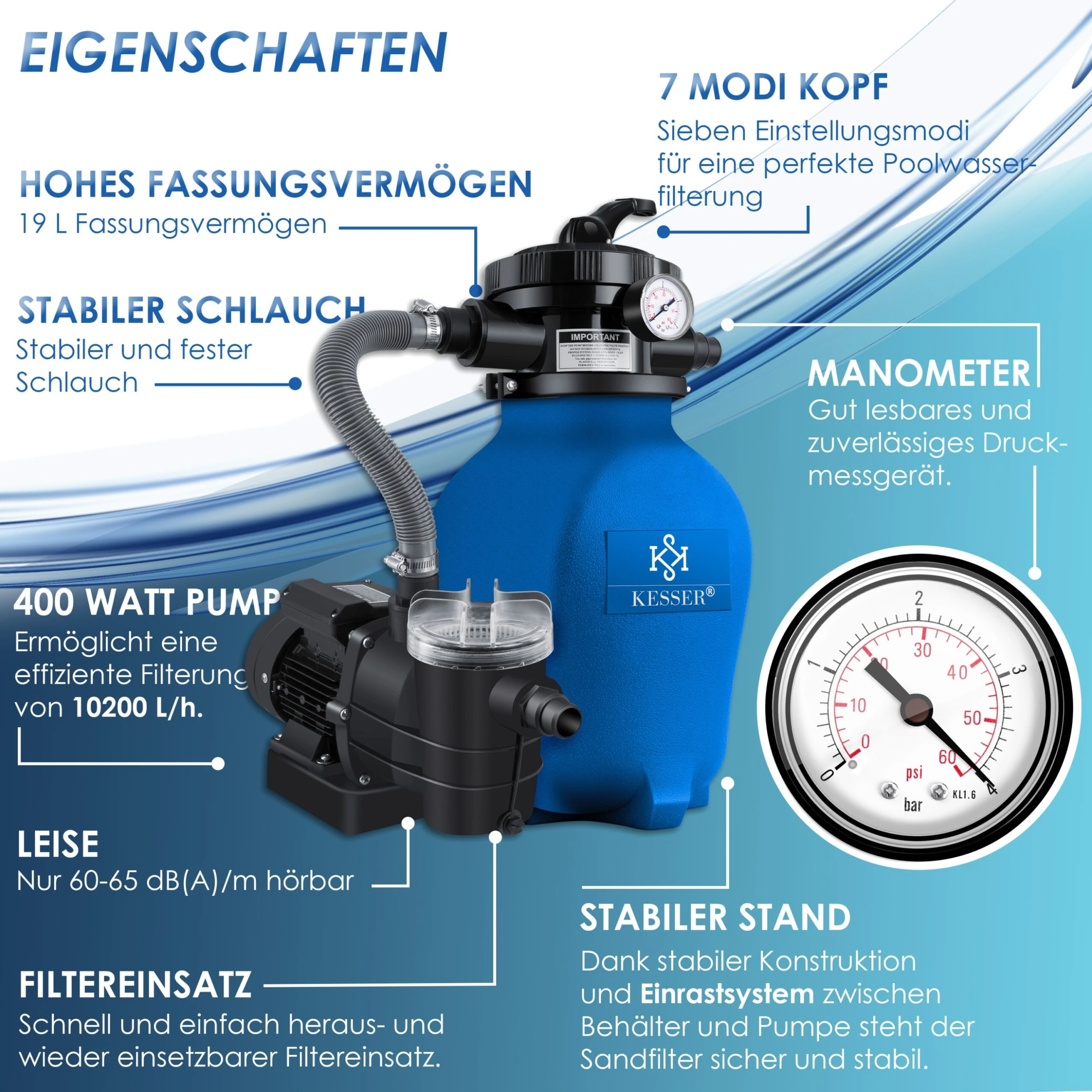 KESSER® Sandfilteranlage Sandfilter + 700g Filterbälle Ersetzen 25kg Filtersand 7-Wege Ventil Mit Druckanzeige Poolfilter 10 M³/h Filteranlage Filterkessel Für Pool Schwimmbecken 10.200 L/h 2 KESSER® Sandfilteranlage Sandfilter + 700g Filterbälle Ersetzen 25kg Filtersand 7-Wege Ventil Mit Druckanzeige Poolfilter 10 M³/h Filteranlage Filterkessel Für Pool Schwimmbecken 10.200 L/h – Bild 2