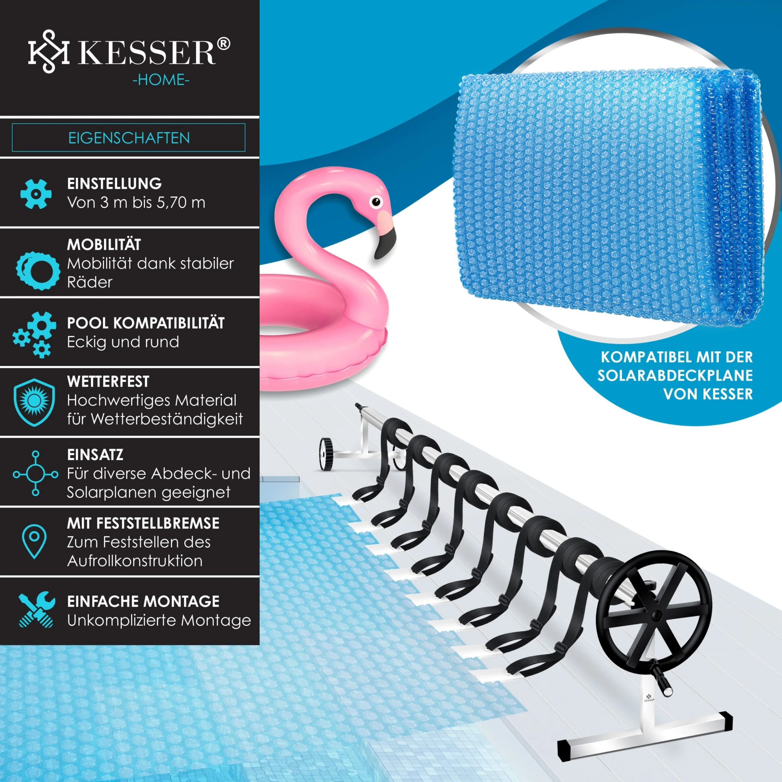 KESSER® Pool Aufroller Premium Aufrollsystem 3m - 5,70m | Mit Rädern | Für Solarplane | Mobiles Aufrollvorrichtung Für Poolplane & Abdeckung | Inkl. Bänder | Witterungsbeständiges Material 2 KESSER® Pool Aufroller Premium Aufrollsystem 3m - 5,70m | Mit Rädern | Für Solarplane | Mobiles Aufrollvorrichtung Für Poolplane & Abdeckung | Inkl. Bänder | Witterungsbeständiges Material – Bild 2