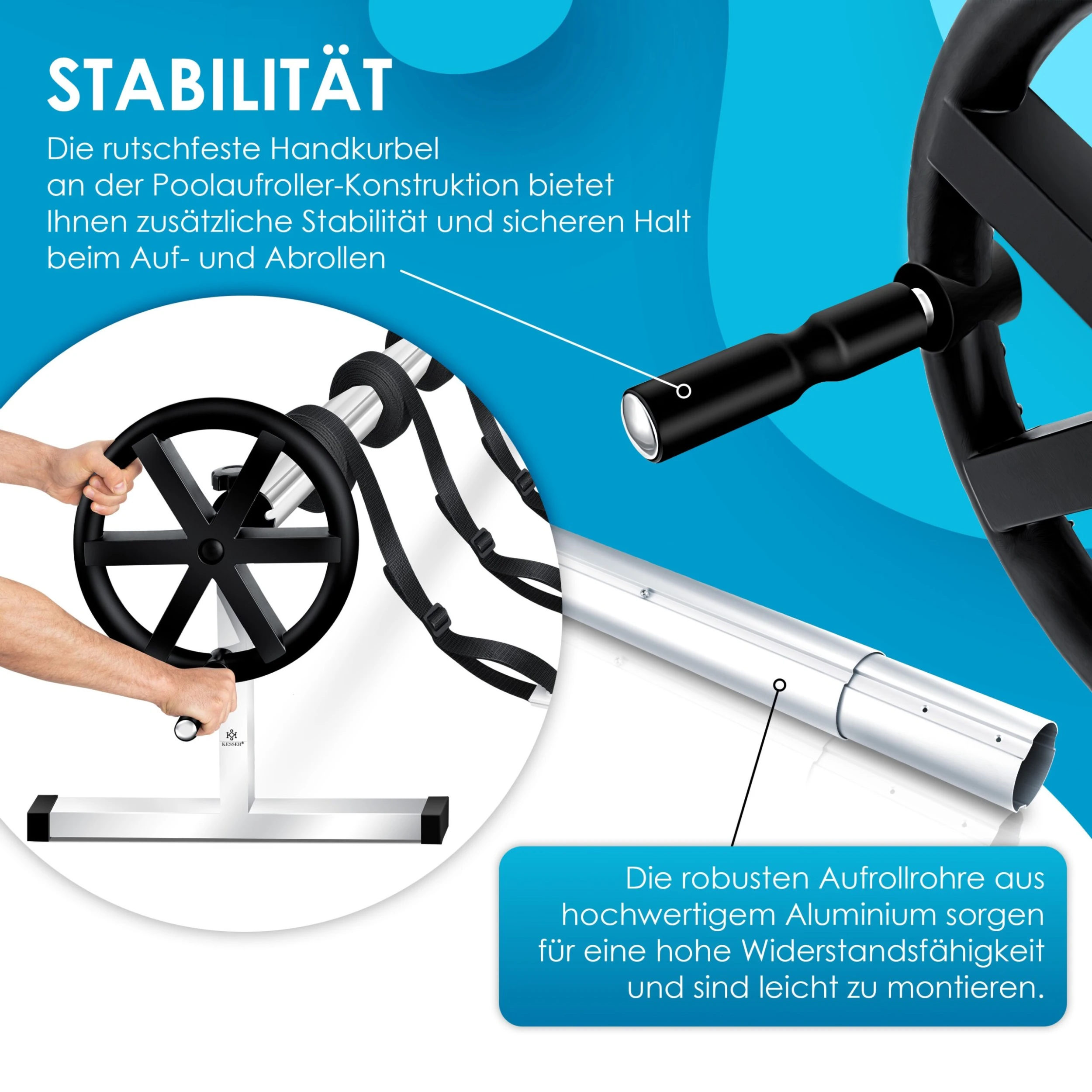 KESSER® Pool Aufroller Premium Aufrollsystem 3m - 5,70m | Mit Rädern | Für Solarplane | Mobiles Aufrollvorrichtung Für Poolplane & Abdeckung | Inkl. Bänder | Witterungsbeständiges Material 4 KESSER® Pool Aufroller Premium Aufrollsystem 3m - 5,70m | Mit Rädern | Für Solarplane | Mobiles Aufrollvorrichtung Für Poolplane & Abdeckung | Inkl. Bänder | Witterungsbeständiges Material – Bild 4