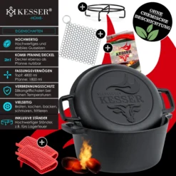 Alternative view of KESSER® Dutch Oven 2in1 Gusseisen Topf 4,8L Und Pfanne 1,8L Einsatzfertig Eingebrannt Inkl. Kochbuch Schmortopf Doppelfunktion Deckel/Bratpfanne Für Küche Camping Garten BBQ Backen Gasgrill