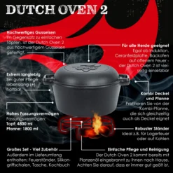 KESSER® Dutch Oven 2in1 Gusseisen Topf 4,8L Und Pfanne 1,8L Einsatzfertig Eingebrannt Inkl. Kochbuch Schmortopf Doppelfunktion Deckel/Bratpfanne Für Küche Camping Garten BBQ Backen Gasgrill -Buschbeck Geschäft 8600364700 23534 prod 003 scaled