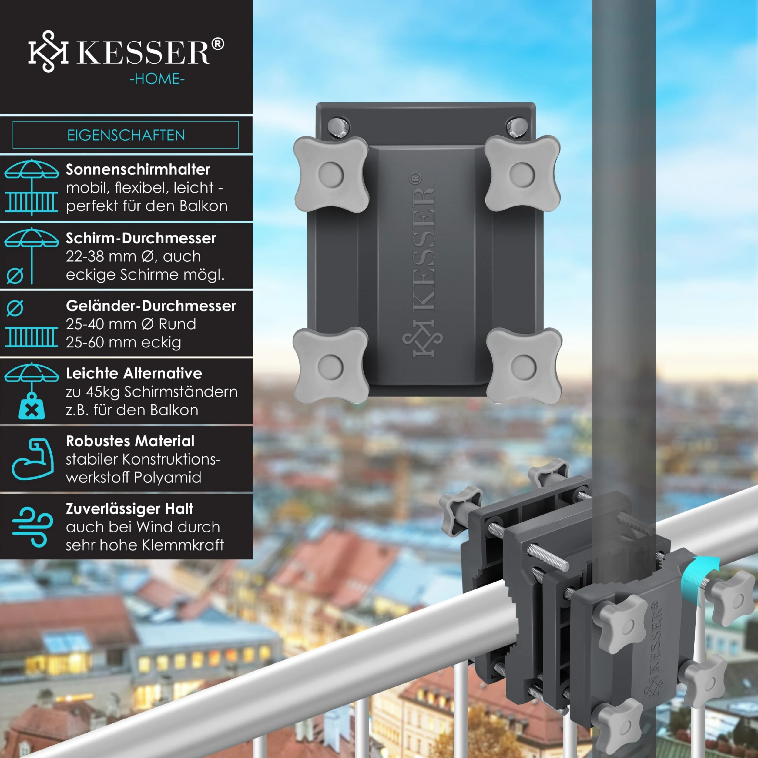 KESSER® Premium Sonnenschirmhalter Universal Balkongeländer - Schirmständer Für Eckige Und Runde Schirme | Balkon Terrasse Sonnenschirm Halterung Hohe Flexibilität | Starke Klemmkraft 2 KESSER® Premium Sonnenschirmhalter Universal Balkongeländer - Schirmständer Für Eckige Und Runde Schirme | Balkon Terrasse Sonnenschirm Halterung Hohe Flexibilität | Starke Klemmkraft – Bild 2