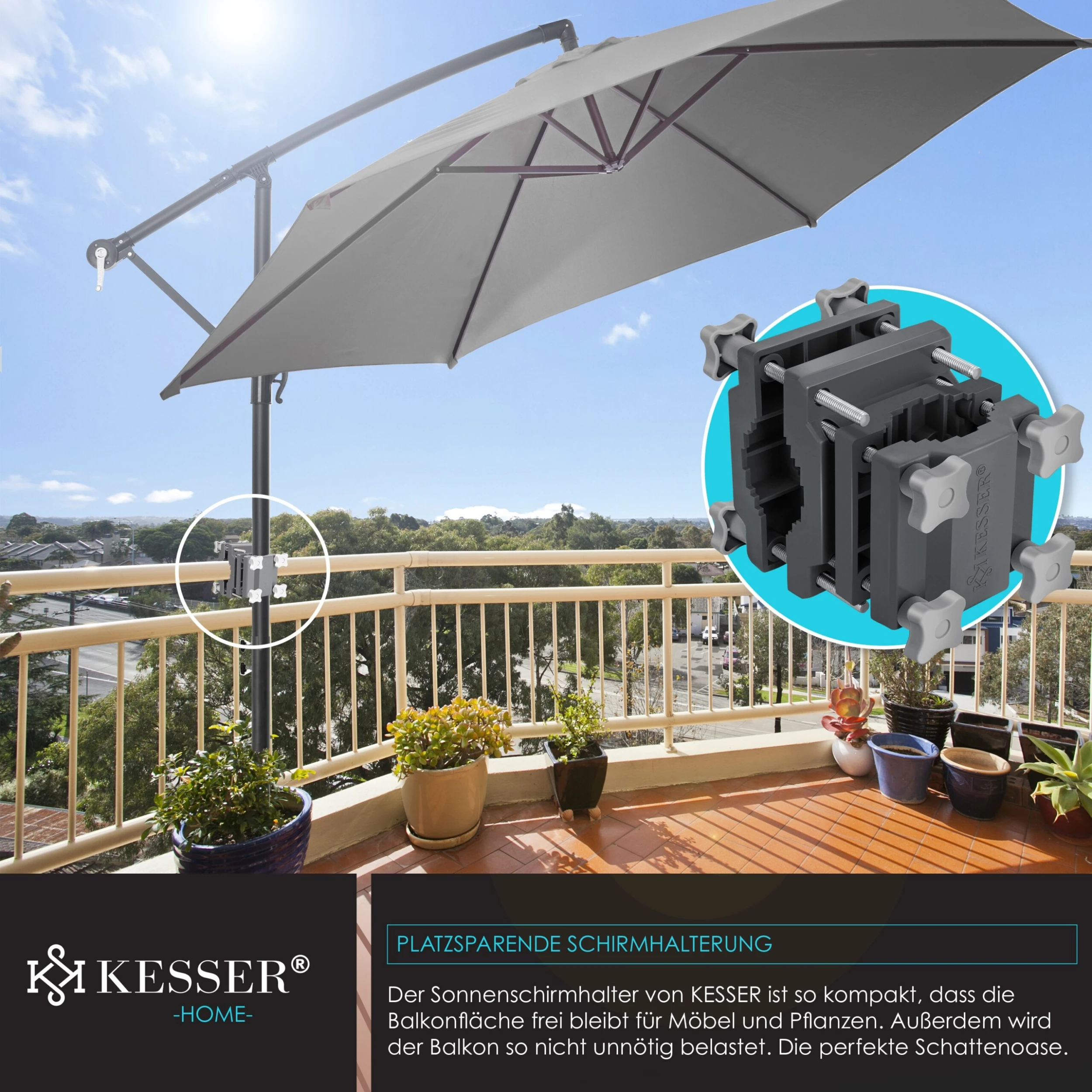 KESSER® Premium Sonnenschirmhalter Universal Balkongeländer - Schirmständer Für Eckige Und Runde Schirme | Balkon Terrasse Sonnenschirm Halterung Hohe Flexibilität | Starke Klemmkraft 6 KESSER® Premium Sonnenschirmhalter Universal Balkongeländer - Schirmständer Für Eckige Und Runde Schirme | Balkon Terrasse Sonnenschirm Halterung Hohe Flexibilität | Starke Klemmkraft – Bild 6